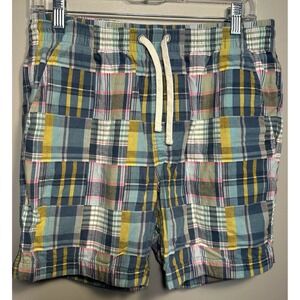 J Crew Shorts Mens Medium Blue Yellow Green Patchwork Madras Plaid Flat Front